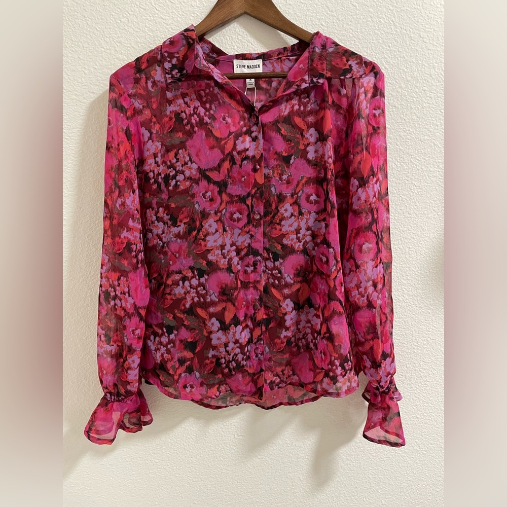 Steve Madden Vibrant Pink Floral Blouse with built in tank top NWT